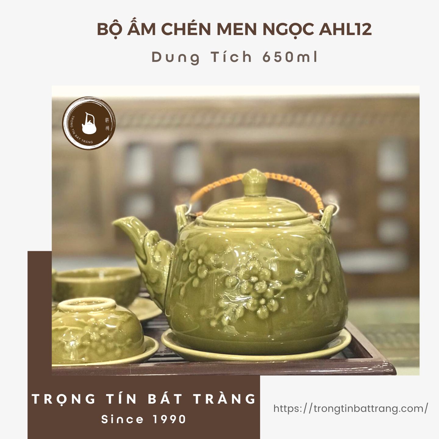Bộ Ấm Chén Giả Cổ Thời Lý Bát Tràng Họa Tiết Hoa Mai Dáng Quần Hoa Quai Đôi Dung Tích 650ml AHL 12