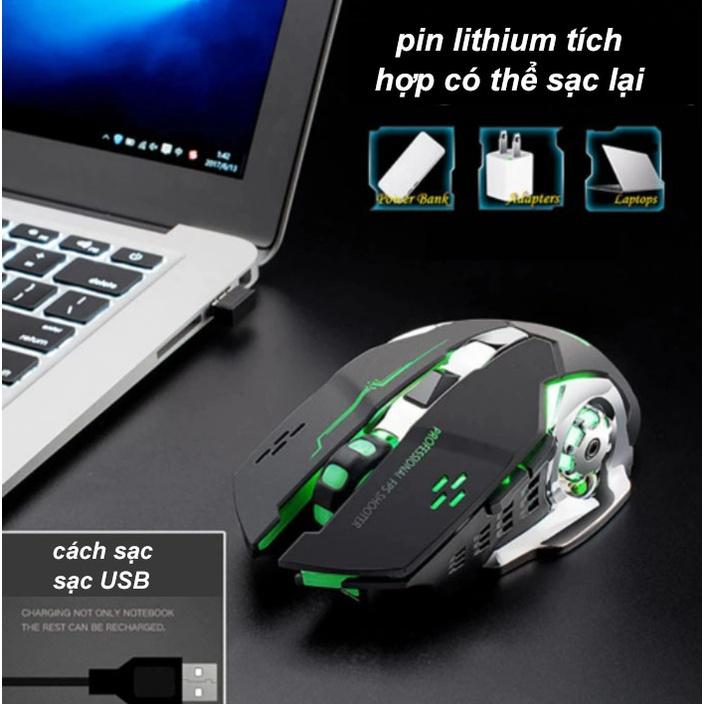 Chuột Chơi Game Sạc Không Dây Wolf X8 Click Cực Êm, 6 Phím Chức Năng Chơi Game Có Đèn Led (Bluetooth + Sạc) - Màu xám