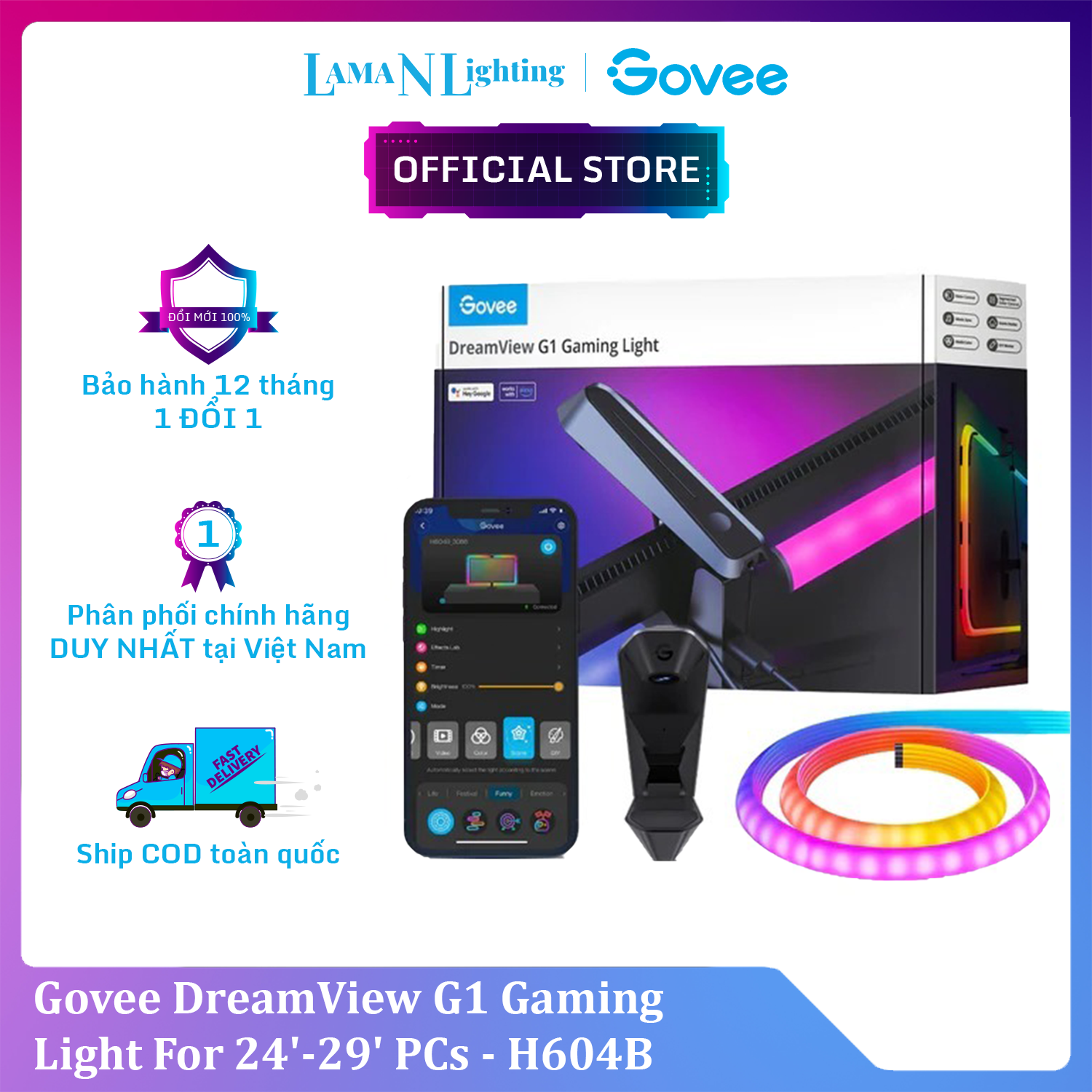 Đèn LED RGB Gaming Govee DreamView G1 Gaming Light H604B | Đèn cho không gian chơi game, giải trí | Chuyển màu theo màn hình