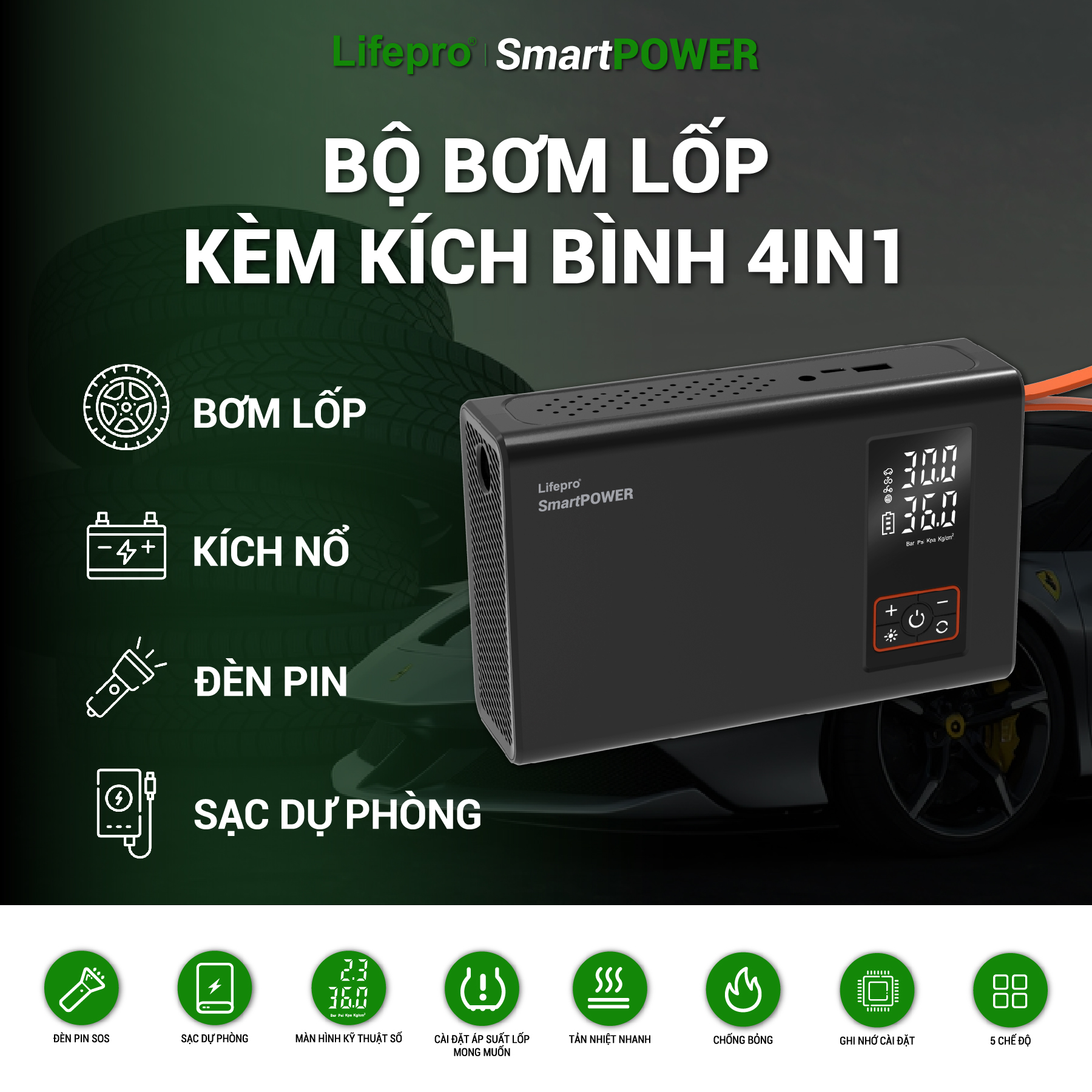 Máy bơm lốp ô tô kèm kích bình đa năng Lifepro SmartPOWER Hàng chính hãng