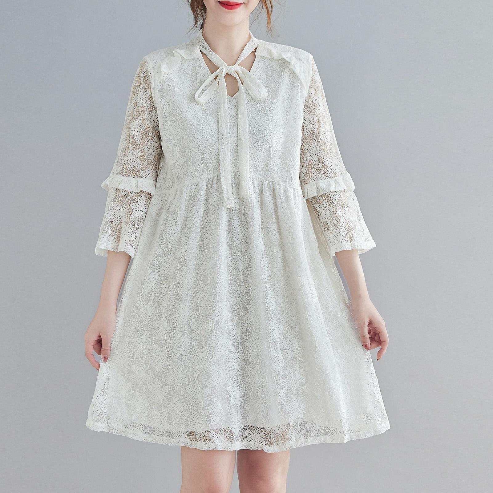 Women Floral Lace Dress 3/4 Flared Sleeves V Neck Ruffles A-line Plus Size Holiday Boho Casual Dress White