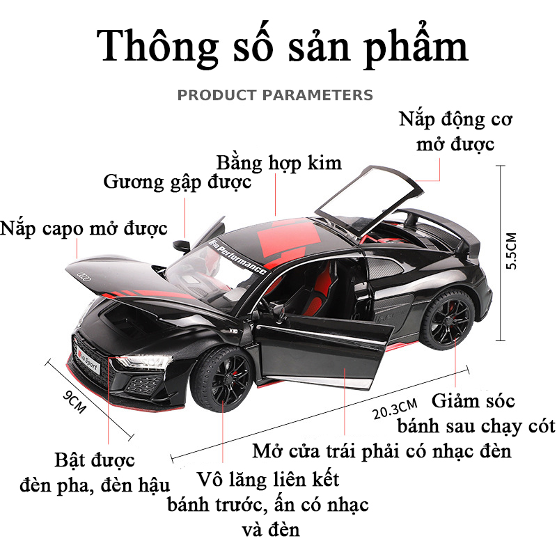 Mô hình xe ô tô Audi R8 động cơ V10 bằng hợp kim có nhạc và đèn tỷ lệ 1:24 vô lăng liên kết bánh lái