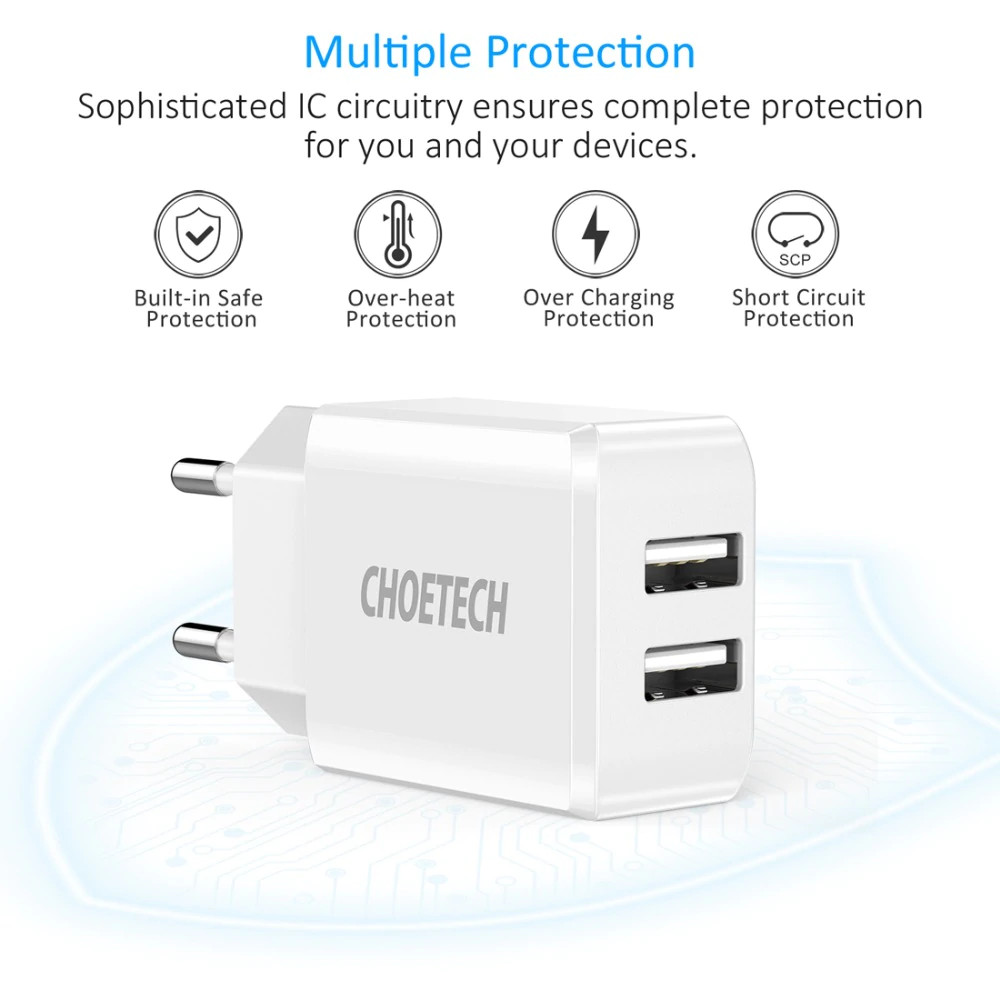 Cóc củ sạc nhanh Dual USB hiệu CHOETECH C0030 cho điện thoại / máy tính bảng hỗ trợ sạc nhanh 5V-2A trang bị chip bảo vệ thông minh, thiết kế nhỏ gọn - Hàng chính hãng