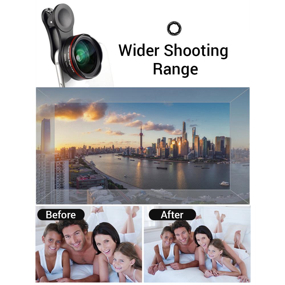 5K Ultra HD Smartphone Camera Lens 18mm 128° Wide-angle 15X Macro Phone Lens Distortionless with Universal Clip