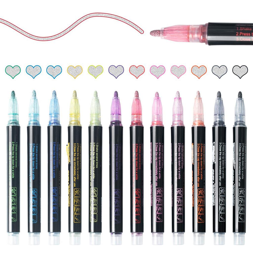 12Pcs Metallic Double Line Outline Pens Drawing Painting Pens Diary DIY Crafts