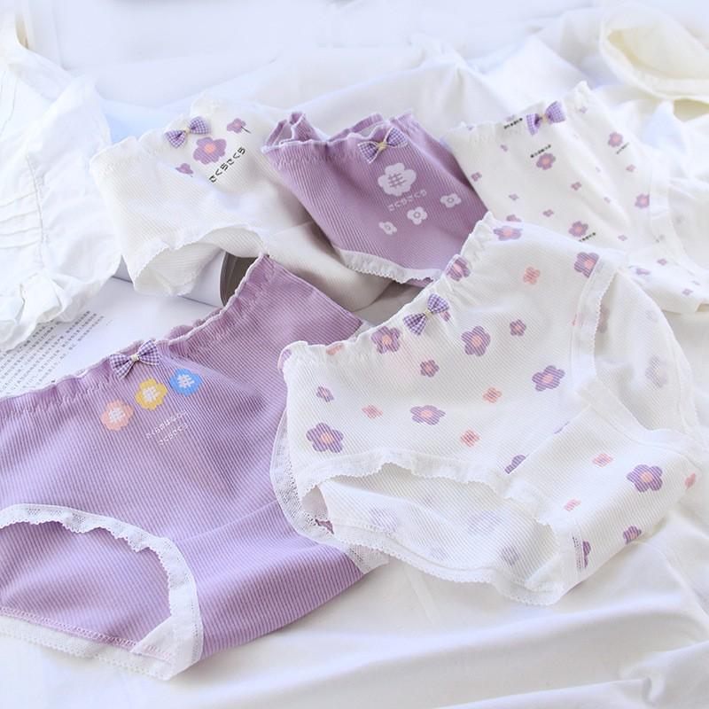 Quần Lót Cotton Co Dãn 4 Chiều Hoa 5 Cánh Tím Pastel