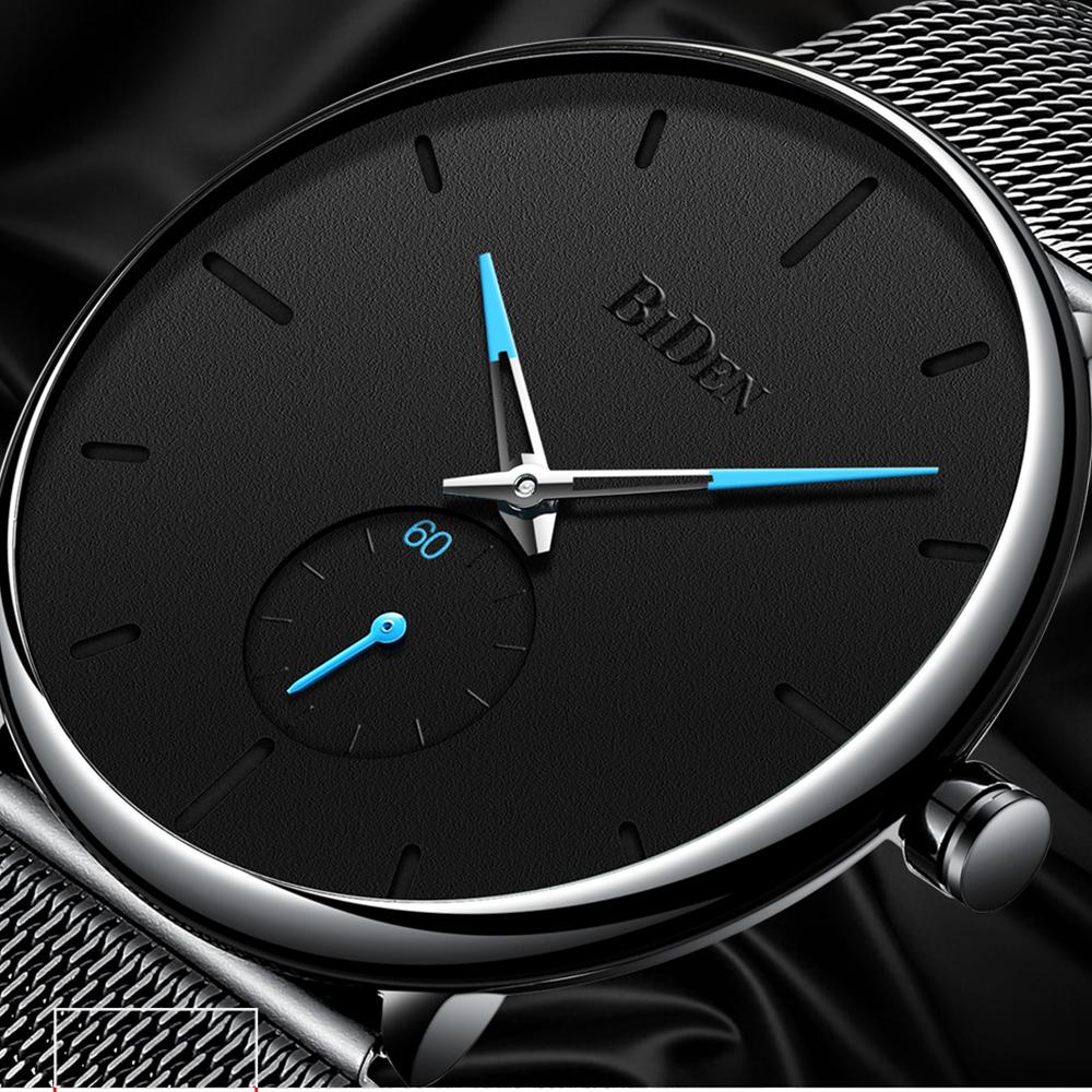 Đồng hồ đeo tay siêu mỏng Mặt số lớn dây lưới tối giản màu đen BIDEN