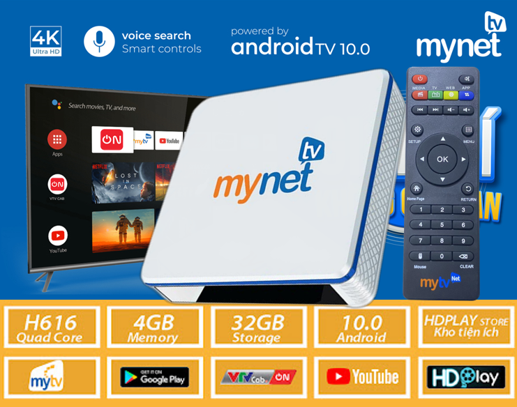 Android MYTV MYNET TV 4H – RAM 4G, ROM 32G, Hệ điều hành Android 10, BLUETOOTH, Bản mới nhất, Xem truyền hình miễn phí