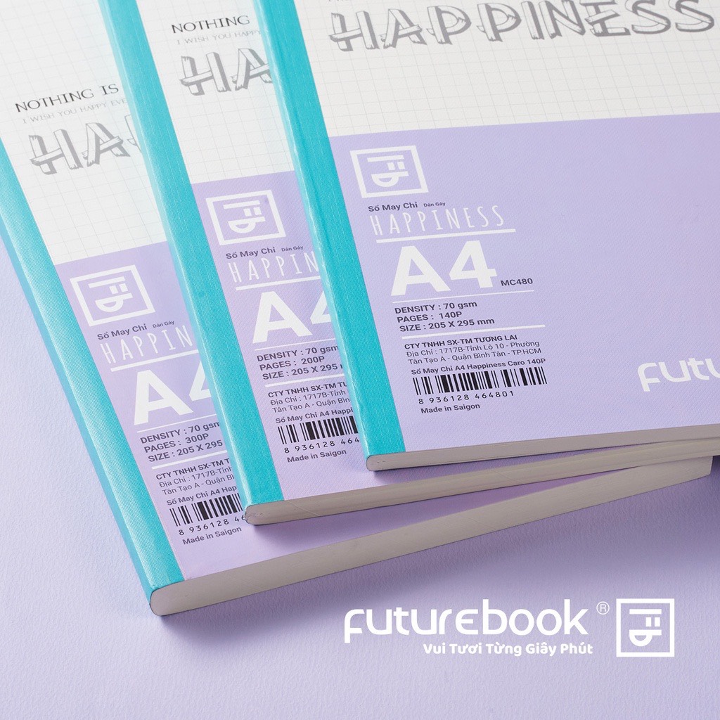 FUTUREBOOK-Sổ May Chỉ Dán Gáy Happiness A4_Dòng Kẻ Caro–Định Lượng 70 Gsm. 140Tr_200Tr_300Tr