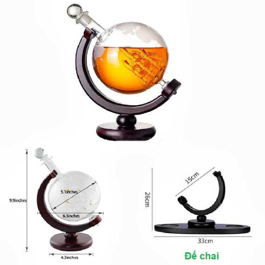 Chai Đựng Rượu Thủy Tinh 1500ML mẫu globe kèm đế gỗ - nắp thủy tinh đặc - Vỏ Chai Rượu Đẹp – Bình Đựng Rượu Thủy Tinh sang trọng (E18)