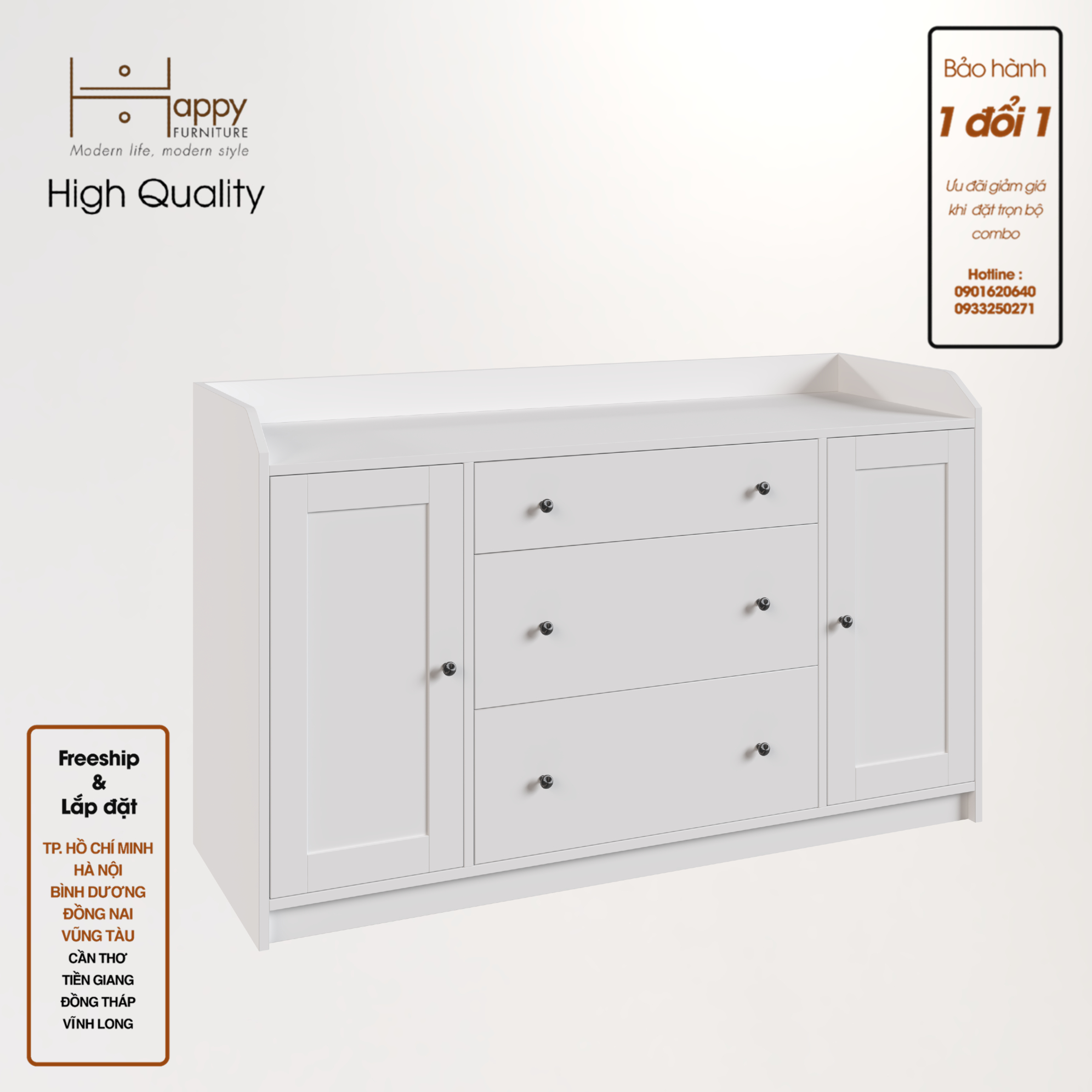 [Happy Home Furniture] CANA,  Tủ 2 cửa mở - 3 ngăn kéo ,  140cm x 46cm x 84cm ( DxRxC), THK_007