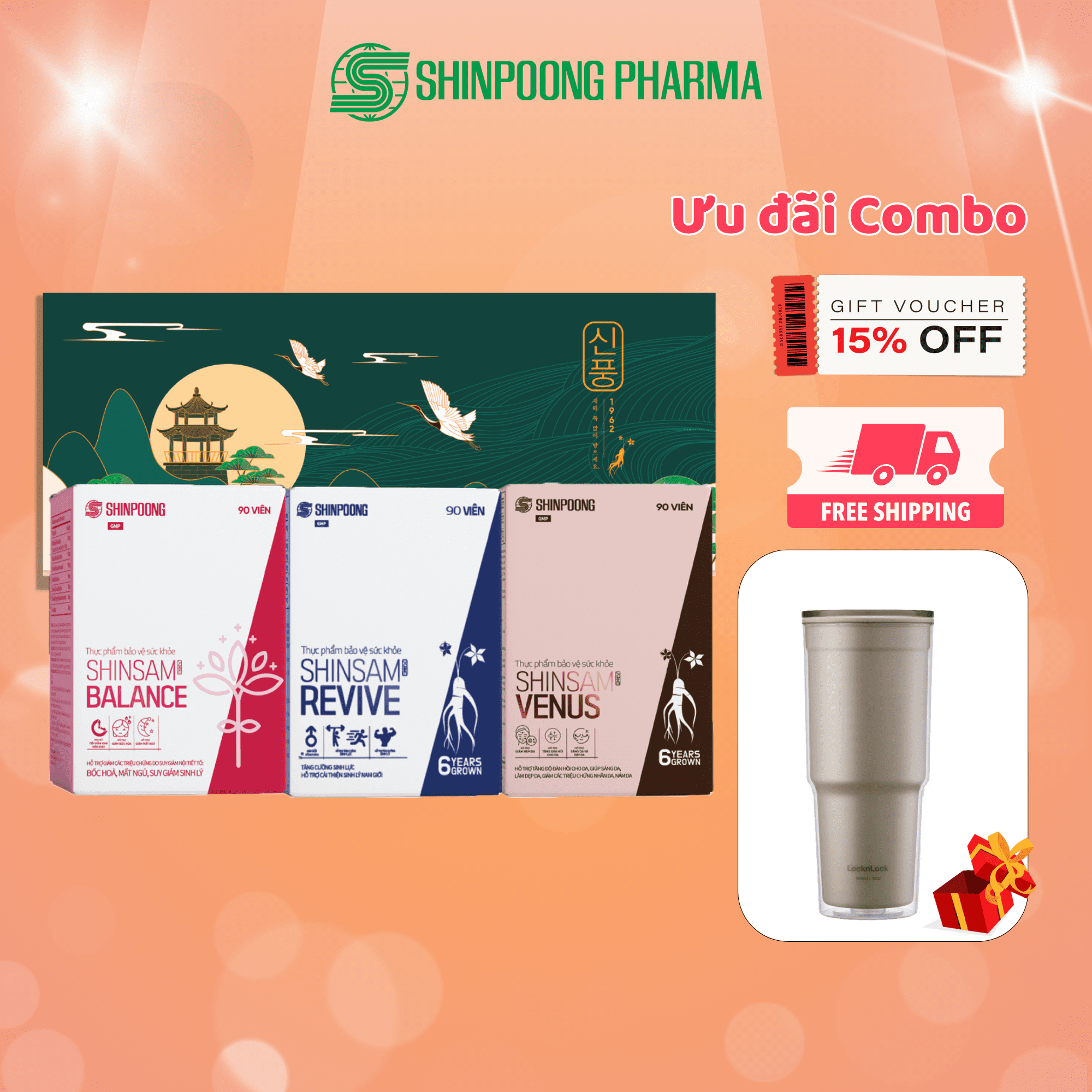 Combo 3 Hộp Viên uống Tăng cường sinh lý, bổ sung năng lượng, làm đẹp da, hỗ trợ nội tiết tố - Combo Shinsam 90 viên SHINPOONG