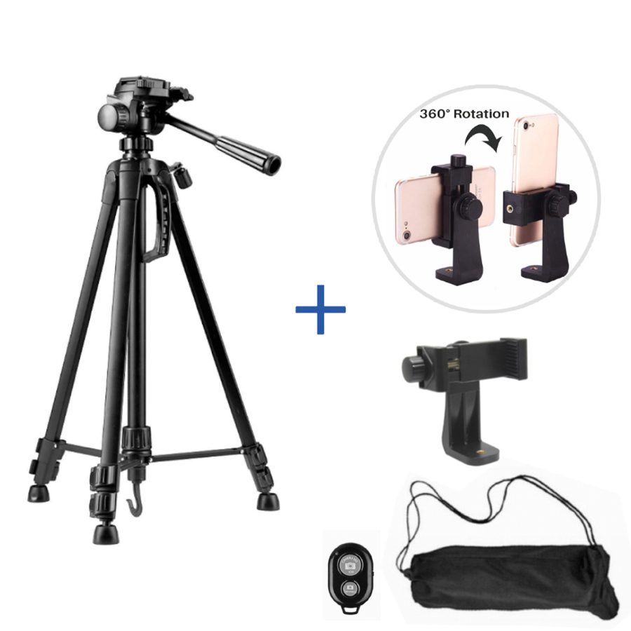 Giá đỡ tripod 3 chân cao 1.4 mét, tải 3kg, tặng kèm kẹp 2 lỗ chắc chắn và remote bluetooth