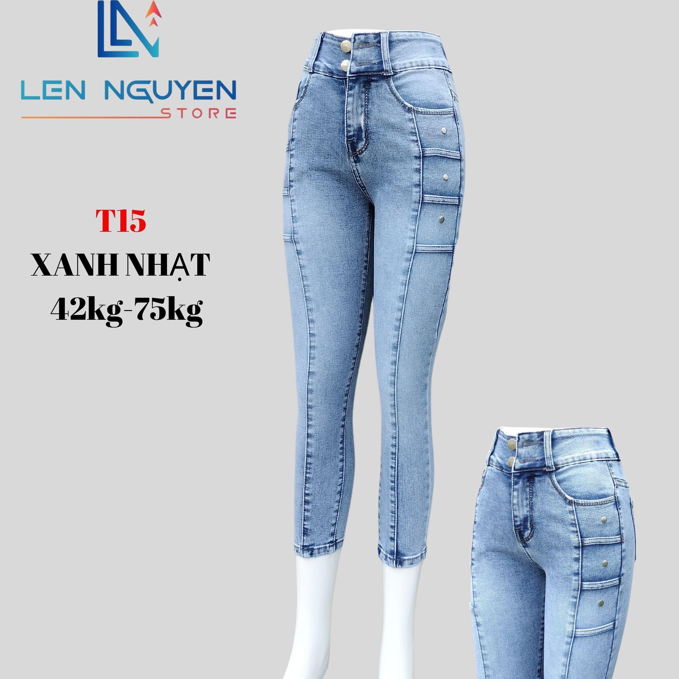 T15_9 tất xếp ly kết hợp dây ngang dài 85cm thiết kế cho 42kg đến 75kg Women Denim Lưng Cao Có Túi - Xanh Nhạt