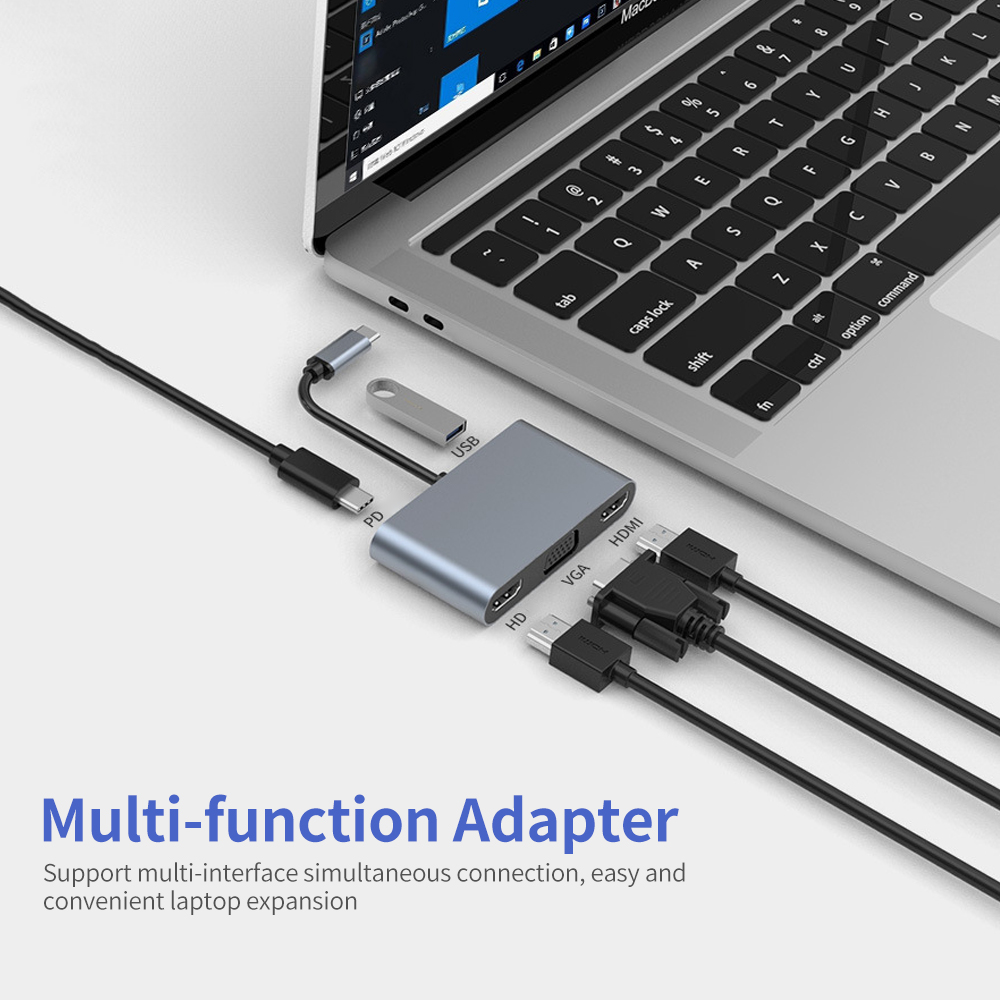 Bộ chuyển đổi đa năng 5 trong 1 USB-C HUB HDTV * 2 + VGA + USB + PD Hỗ trợ đa màn hình