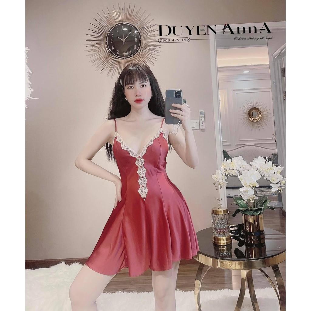 Váy ngủ sexy - Đầm ngủ sexy chất satin phối ren Váy ngủ hai dây sexy cao cấp Đầm mặc nhà gợi cảm quyến rũ mã 12 kèm quần