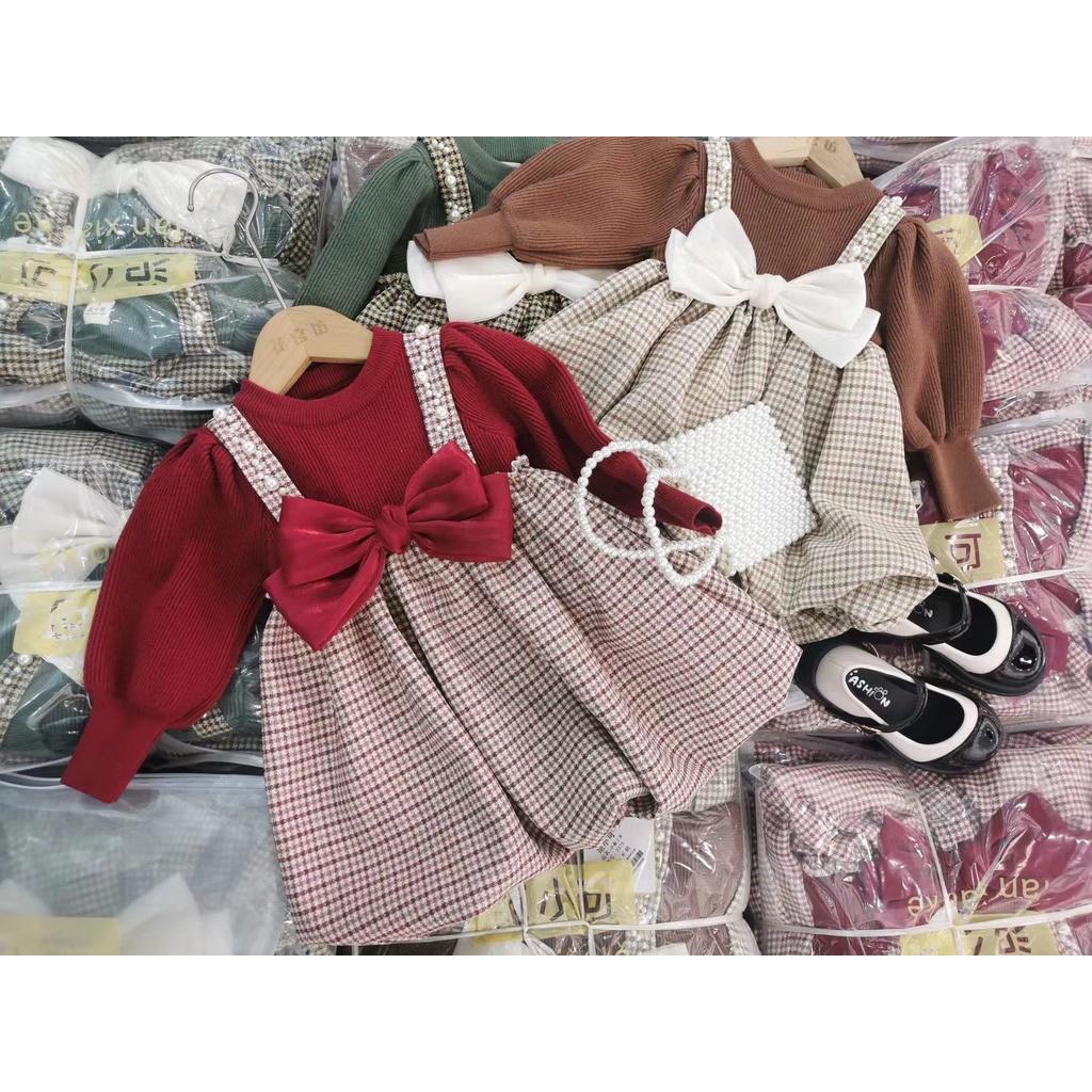Váy bé gái len kẻ bồng dây ngọc