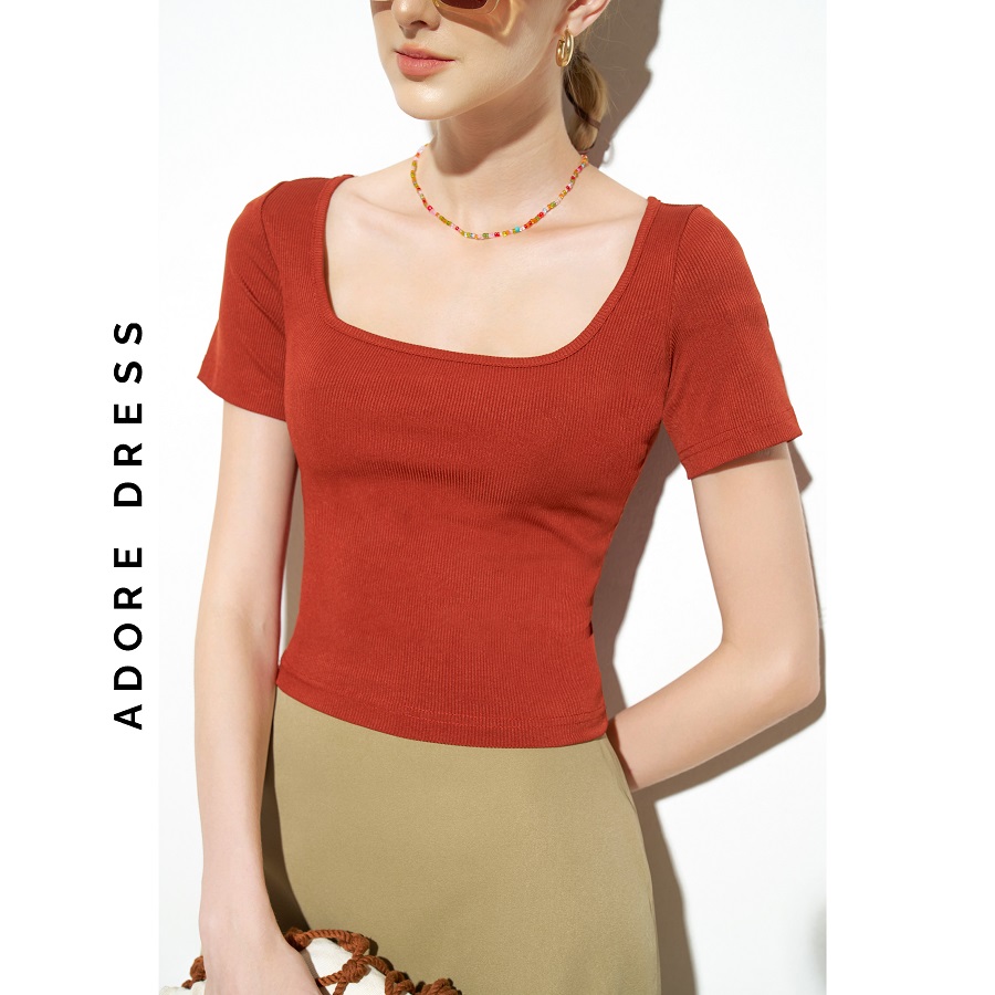 Ao thun Cropped T-shirts thun tăm trơn đen cổ U 313TS3008 ADORE DRESS