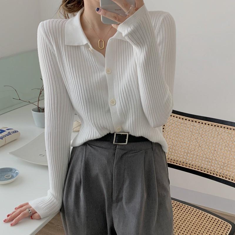 Xiaozhainv Áo Cardigan Dệt Kim Tay Dài Cổ Bẻ Phong Cách Hàn Quốc
