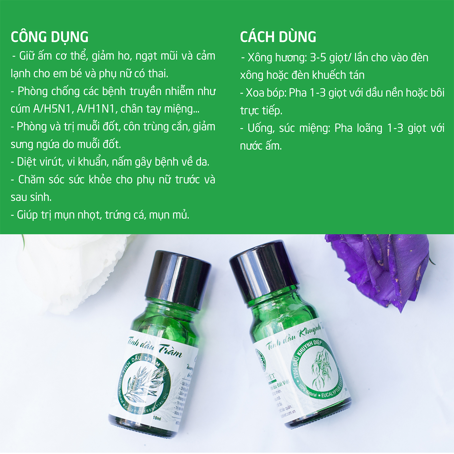 Combo Tinh Dầu Sả Chanh Đất Việt 10ml + Tinh Dầu Tràm Đất Việt 10ml (Giải pháp phòng chống muỗi trong mùa mưa)