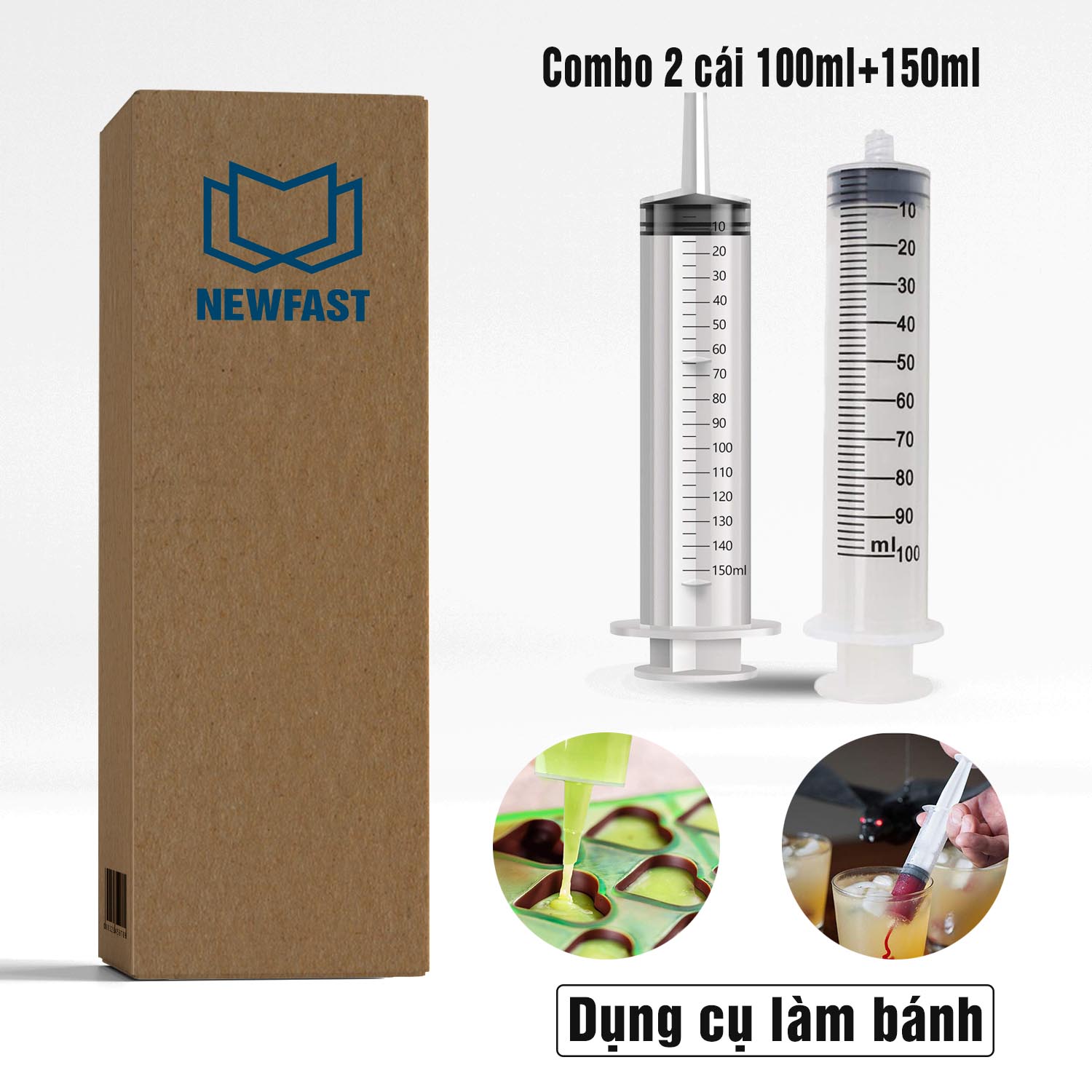 Combo 2 xilanh dung tích 100ml và 150ml, dụng cụ nhà bếp cho làm bánh, nấu ăn, trang trí các loại bánh, đồ ăn theo ý muốn, chất liệu nhựa PP trong suốt không độc, kèm ống nối dài 80cm. NEWFAST.