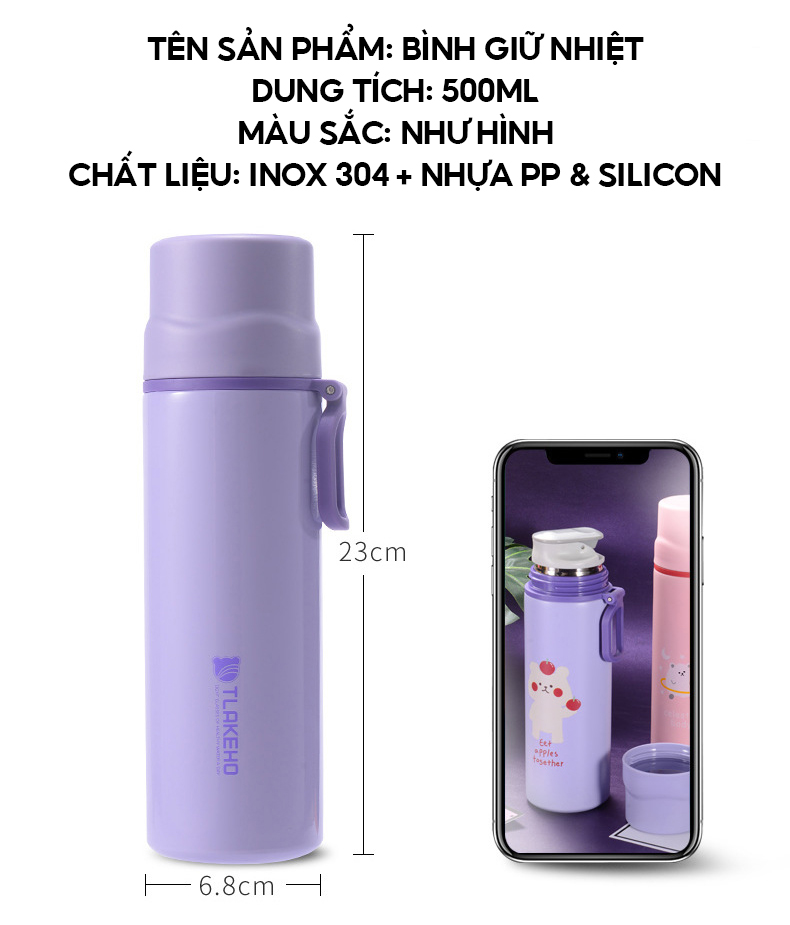 Bình Giữ Nhiệt Inox 304 Dung Tích 500ml Kèm Theo Nắp Cốc Rót Nước Tiện Lợi Màu Sắc Pastel Trẻ Trung Phù Họp Mọi Độ Tuổi