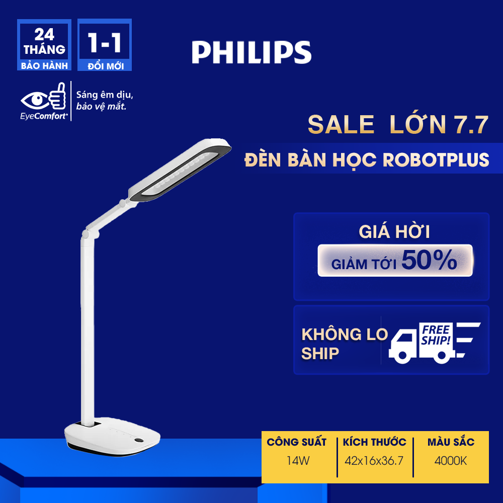 Đèn bàn học bảo vệ mắt Philips LED RobotPlus DSK601 RD 13W ánh sáng trung tính 4000K, 4 cấp độ sáng