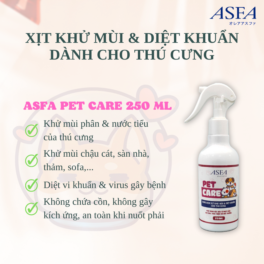 Xịt Khử Mùi, Diệt Khuẩn An Toàn Cho Thú Cưng ASFA Pet Care 250ml