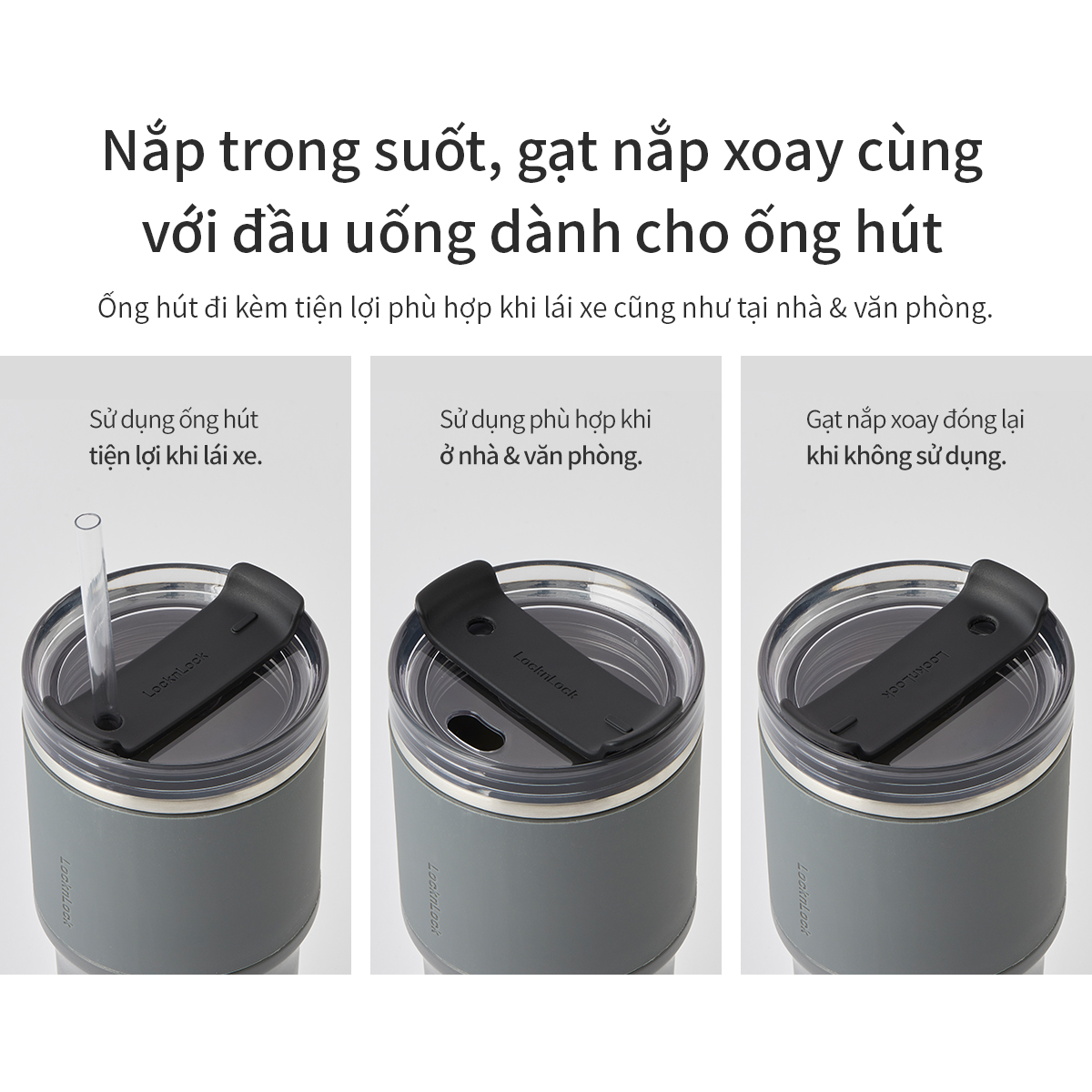 Bình giữ nhiệt LocknLock Metro Drive màu xám LHC4277SGRY 650ml - Hàng chính hãng, kèm ống hút cọ rửa, thiết kế nắp xoay - JoyMall