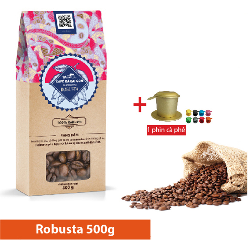 Combo: Cà phê hạt rang Robusta hộp 500g + 1 phin cà phê cao cấp