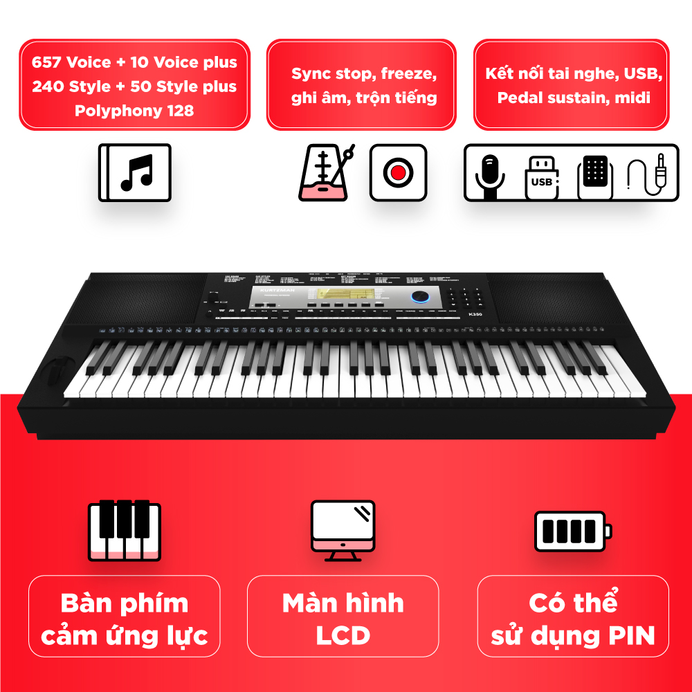 Đàn Organ điện tử/ Portable Keyboard - Kzm Kurtzman K350 - Best keyboard for Minishow - Màu đen (BL) - Hàng chính hãng