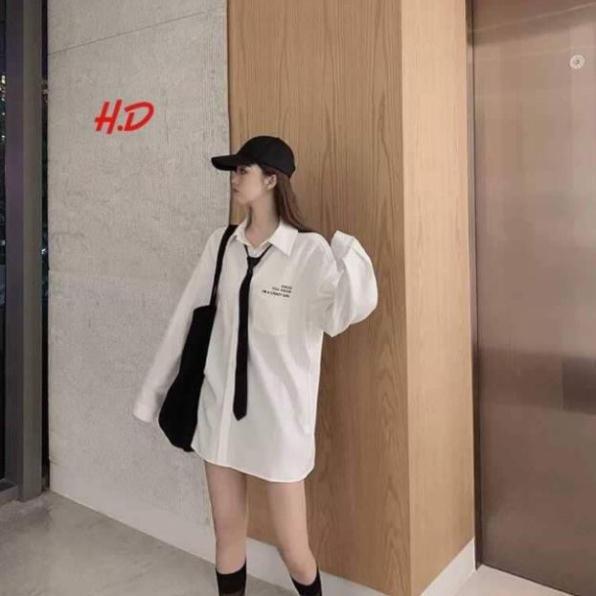 Áo sơ mi trắng nữ kèm cavat, áo sơ mi tay lỡ dáng thụng có cavat ND9