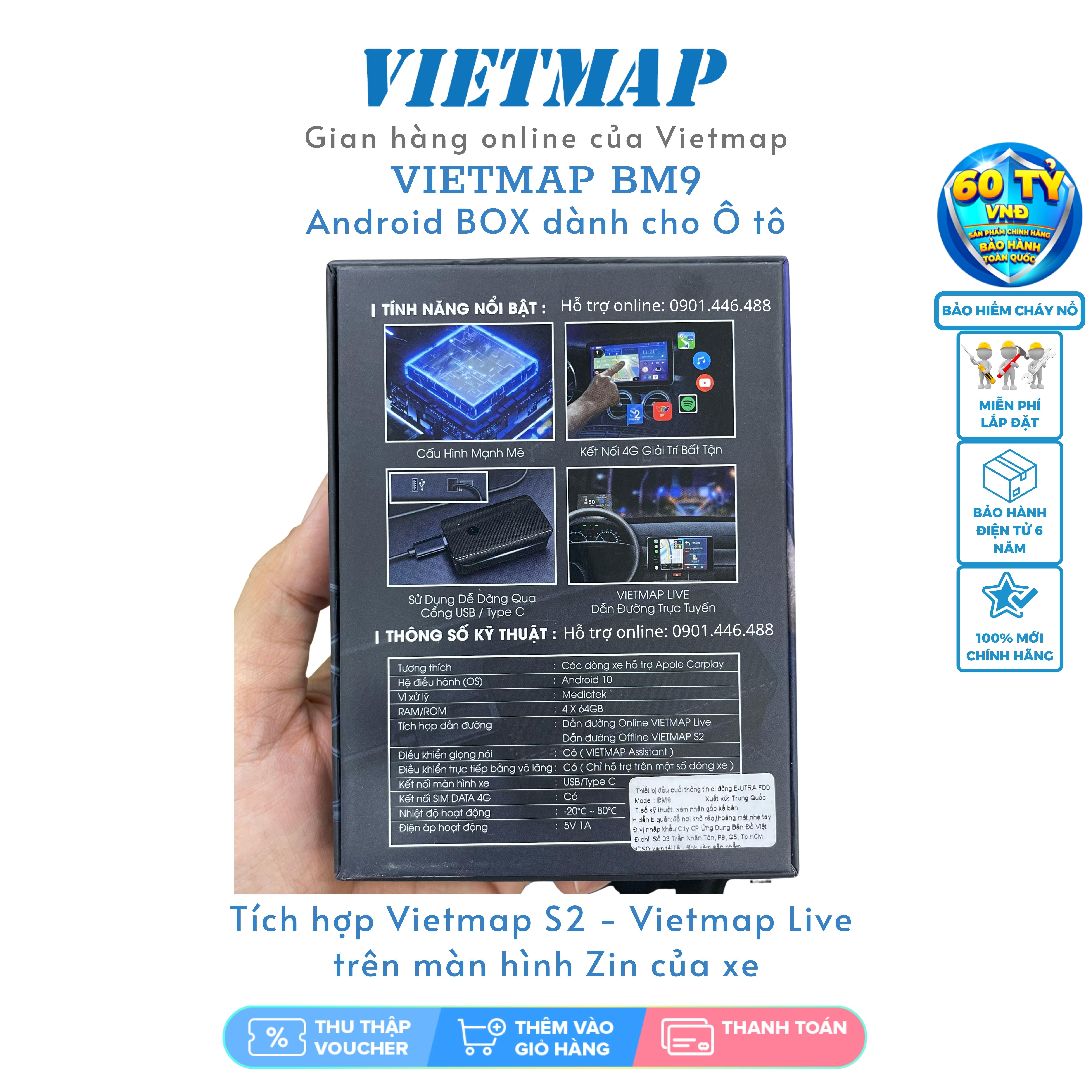 VIETMAP BM9 - Thiết bị dành cho màn hình theo xe ô tô - Tích hợp Dẫn đường - Vietmap S2 Vietmap Live - Hàng chính hãng 