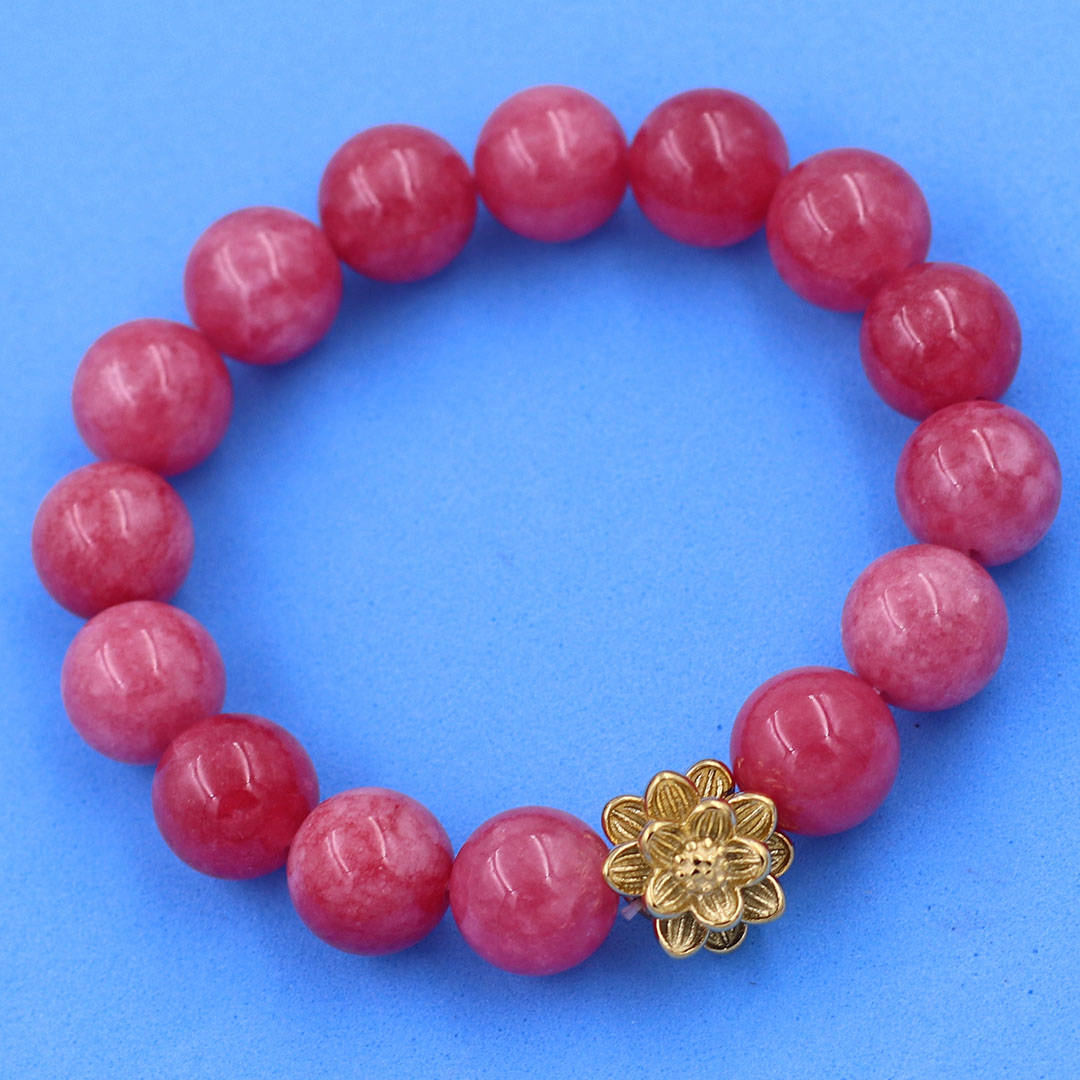 Vòng chuỗi đeo tay đá hồng ngọc 12 ly charm hoa sen inox vàng, vòng chuỗi phong thuỷ, bông sen inox, vòng chuỗi hạt, vòng chuỗi tay charm bông sen inox