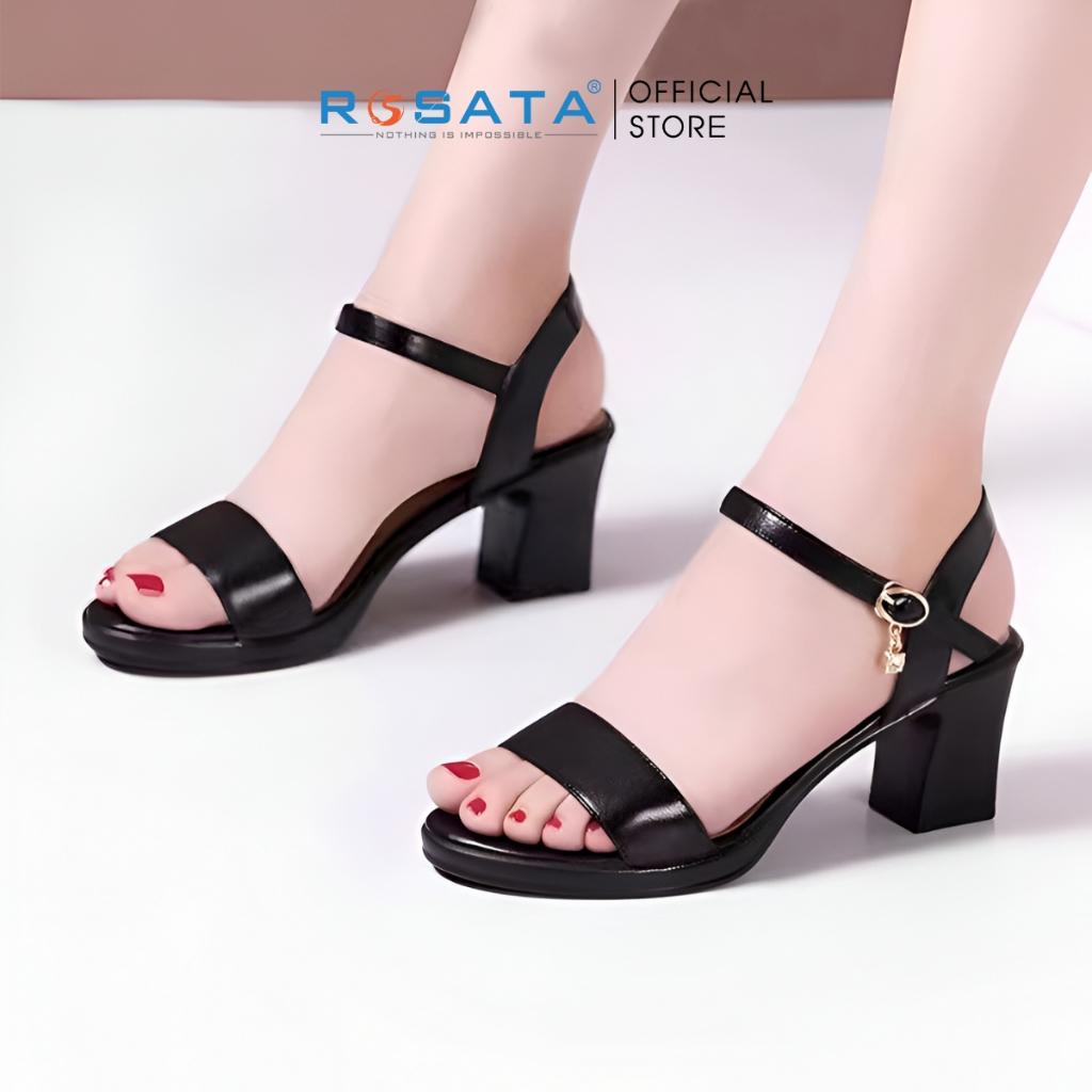 Giày sandal nữ ROSATA RO576 đế vuông cao gót 5 phân mũi tròn quai hậu cài khóa dây mảnh màu đen xuất xứ Việt Nam - ĐEN