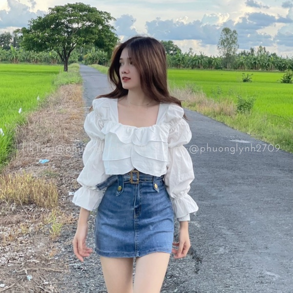 Áo kiểu tay dài nhiều tầng tay bồng ,áo bánh bèo babydoll tiểu thư,chất vãi đũi mềm siêu xinh