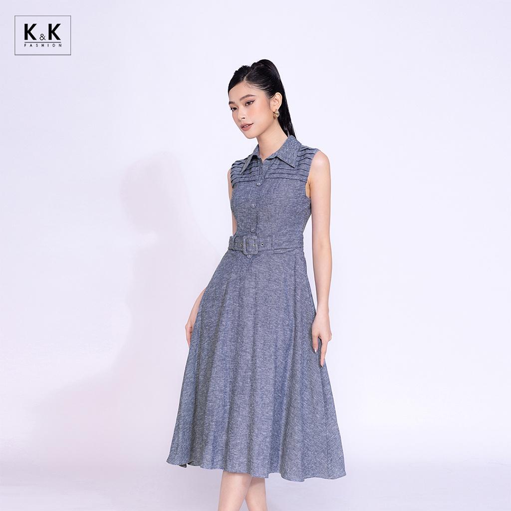 Đầm Sơ Mi Xòe Phối Thắt Lưng K&amp;K Fashion KK140-18 Chất Liệu Denim