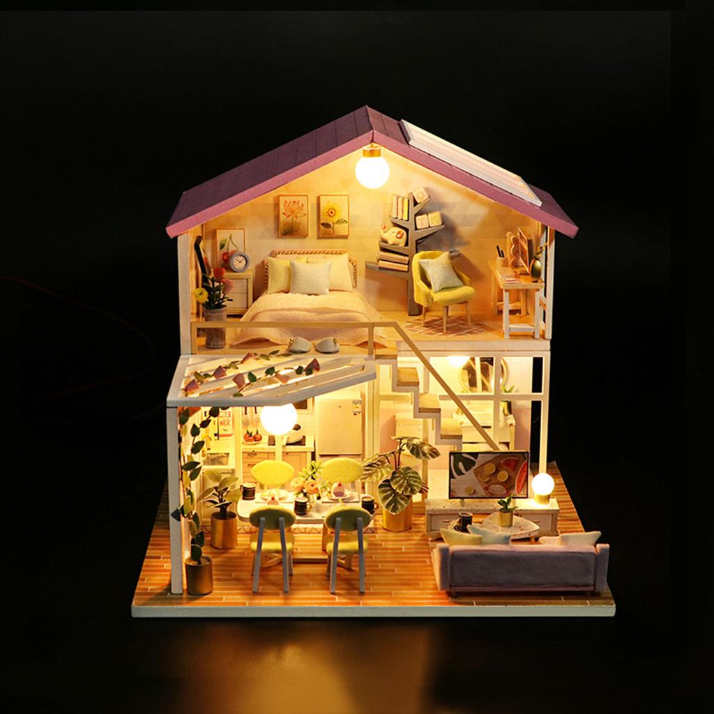 DIY Dollhouse Miniature Kit with Furniture Kits 3D Wooden Miniature House - 2 Stories Miniature Dolls House Cottage Building Model