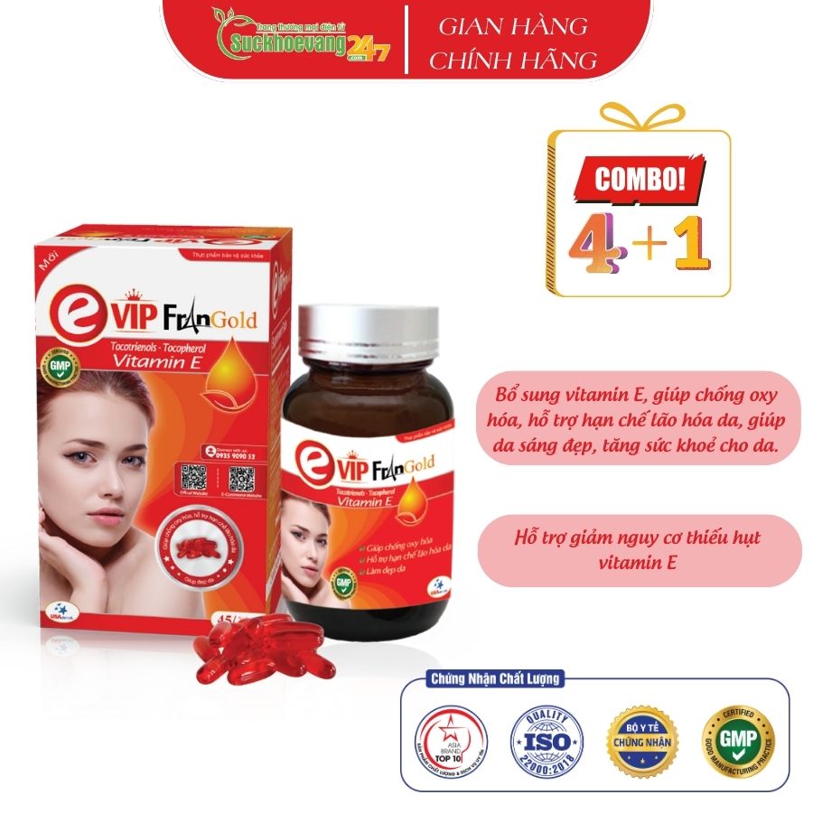 Viên uống bổ sung vitamin E Evip FranGold giúp chống oxy hóa, hỗ trợ hạn chế lão hóa da, giúp da sáng đẹp - Hộp 45 viên