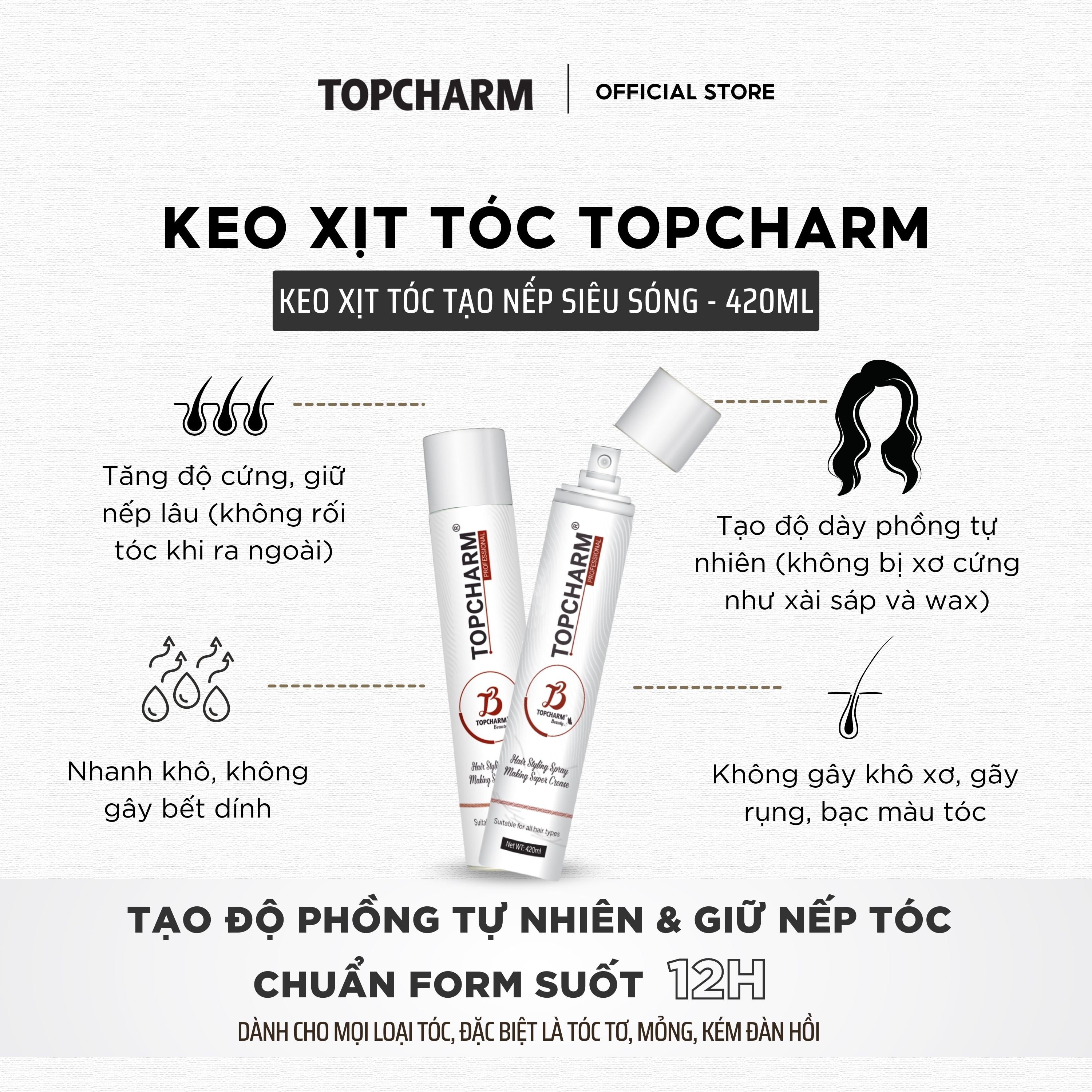 Keo xịt tạo kiểu và giữ nếp tóc siêu sóng cho nam/nữ Topcharm