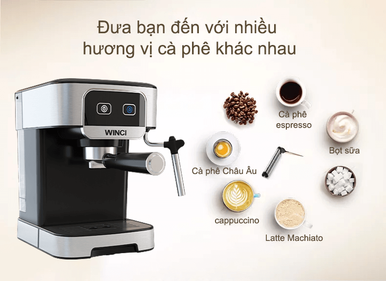 Máy pha cà phê Espresso Winci EM610 công suất 1200W pha cafe espresso tự động dùng cho gia đình - văn phòng, có hệ thống điều chỉnh bọt sữa cappuccino - Hàng chính hãng