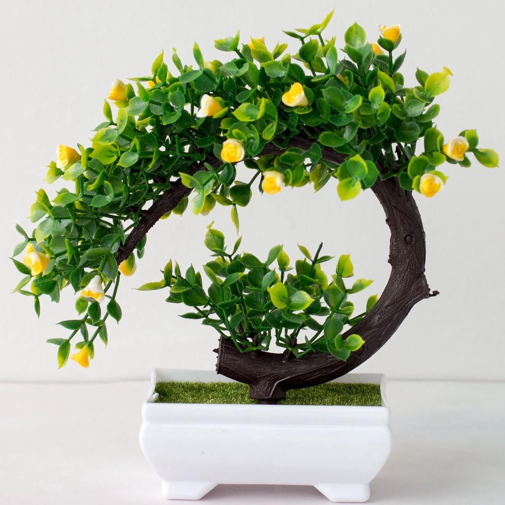 CÂY GIẢ BONSAI HOA HỒNG RỰC RỠ kèm chậu- Chậu cây Phú Quý Cát Tường, trang trí, để bàn - Hoa giả