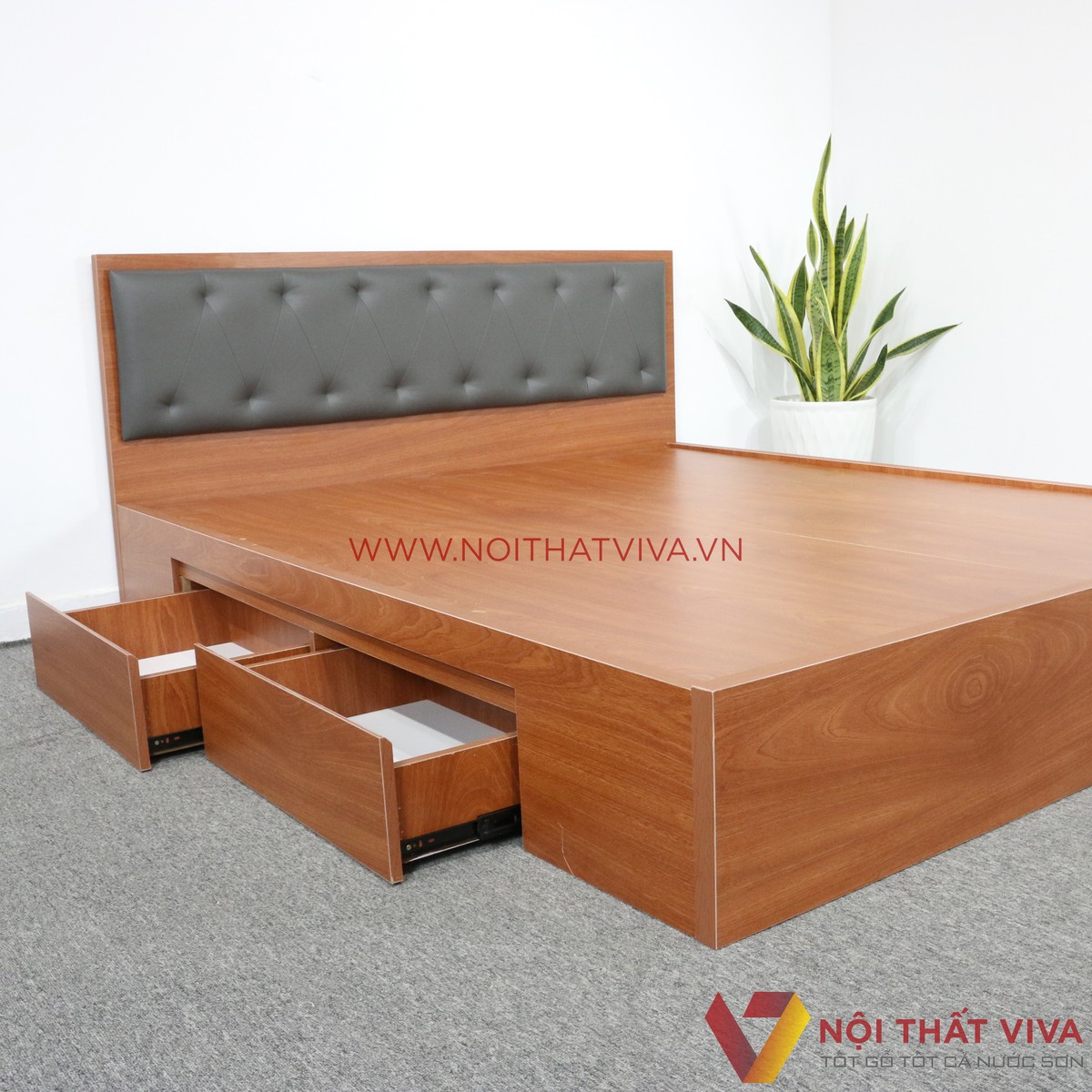 Giường Ngủ Gỗ MDF Melamine Màu Xoan Đào Có Hộc Kéo + Đầu Nệm Đen Đẹp