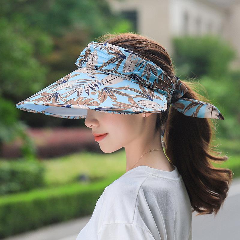 Mùa Hè Nữ Vành Rộng Trống Đầu Che Nón Đạp Xe Tretchable Quấn Nơ Màu Miếng Vải Lớn Vành Đi Biển Chống Tia UV Mũ Lưỡi Trai