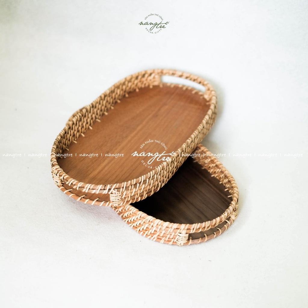 Khay mây oval - Khay oval đế gỗ óc chó - Oval rattan tray