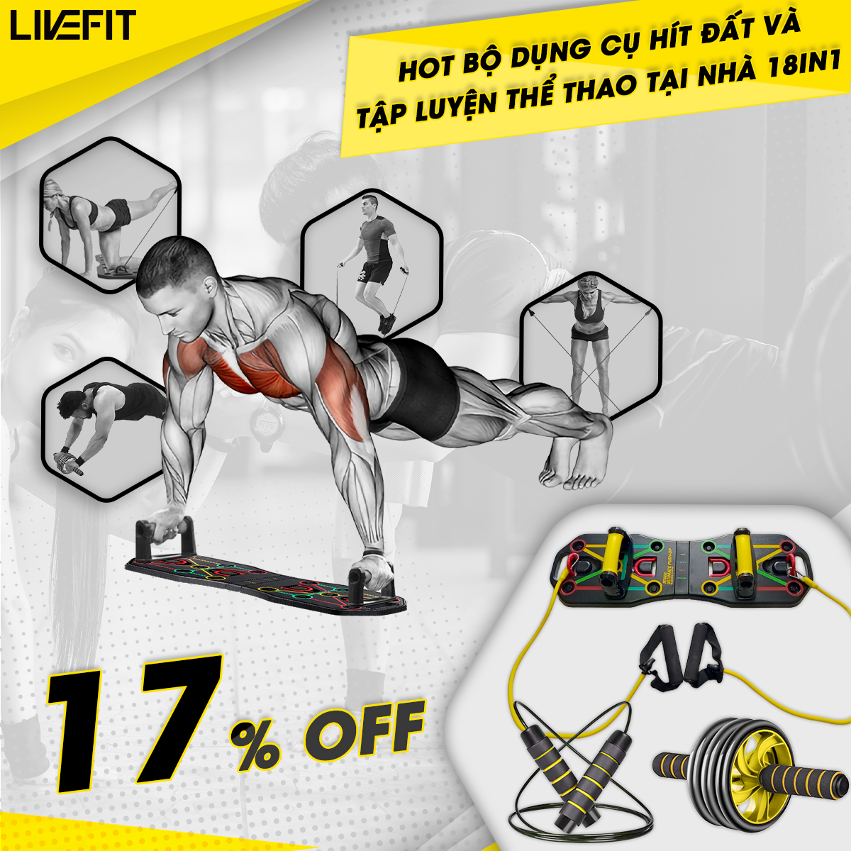 Bộ dụng cụ hít đất và tập luyện thể thao chuyên nghiệp LiveFit 18 trong 1