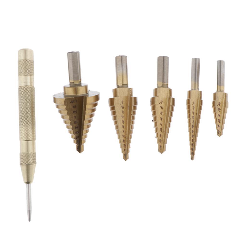 Step Drill, Titanium Coated HSS Step Drill Bit Set with 122mm Automatic Center Punch, 3/16-7/8,1/4-1-3/8,1/4-3/4,1/8-1/2,3/16-1/2 Steps, Aluminum Case