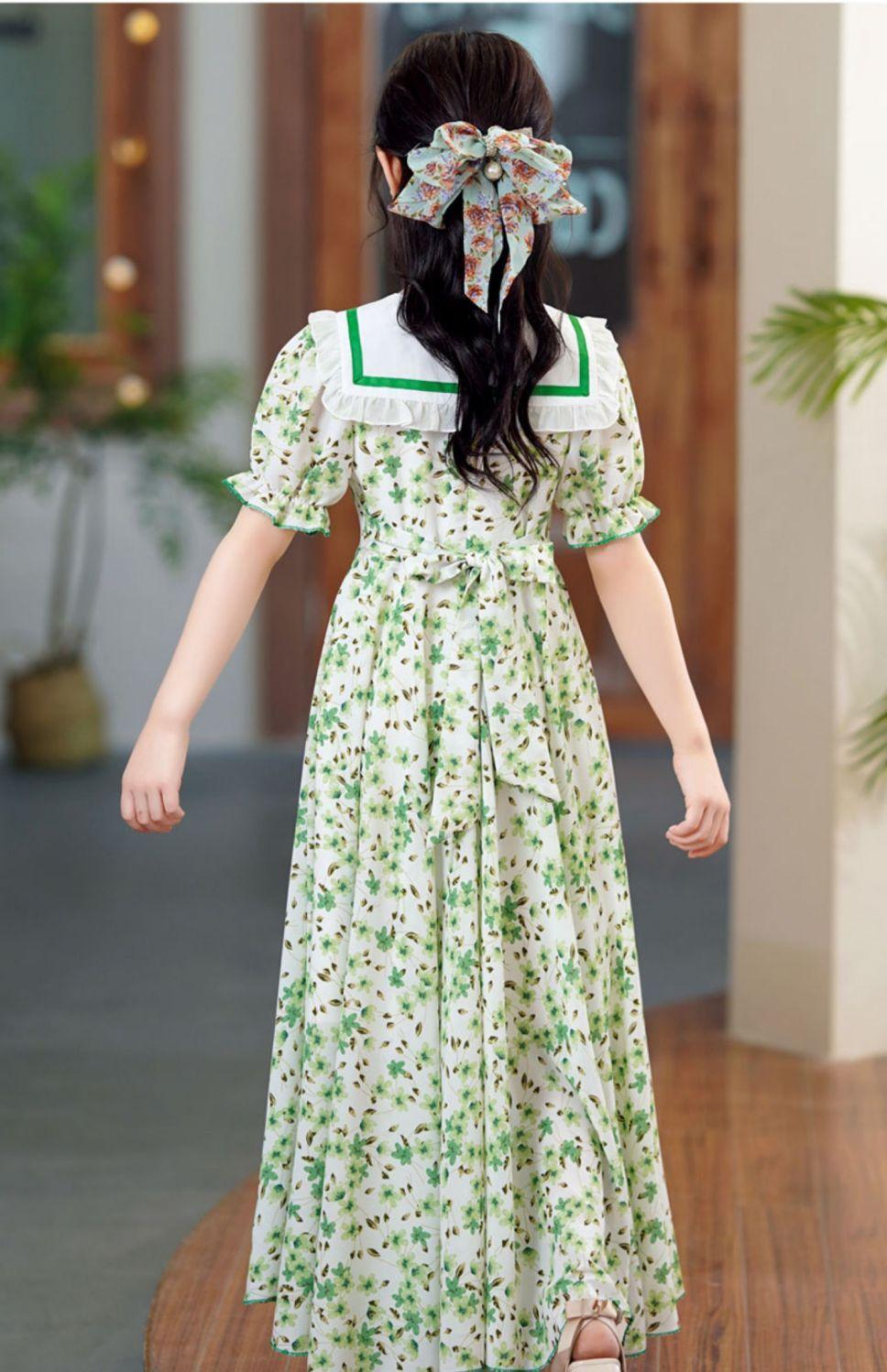 SHUANGYAN Cô gái lớn bé mùa hè váy bong bóng tay áo đầm cô gái nhỏ mùa hè phong cách phương Tây váy sinh viên ngọt ngào trên đầu gối hoa đầm dài
