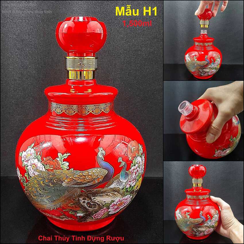 Bình Đựng Rượu Thủy Tinh 1500ml cao cấp mẫu bầu tròn màu sơn đỏ may mắn, hoa văn công phụng – Vỏ Chai Rượu Đẹp chưng bàn ăn sang trọng (H1)