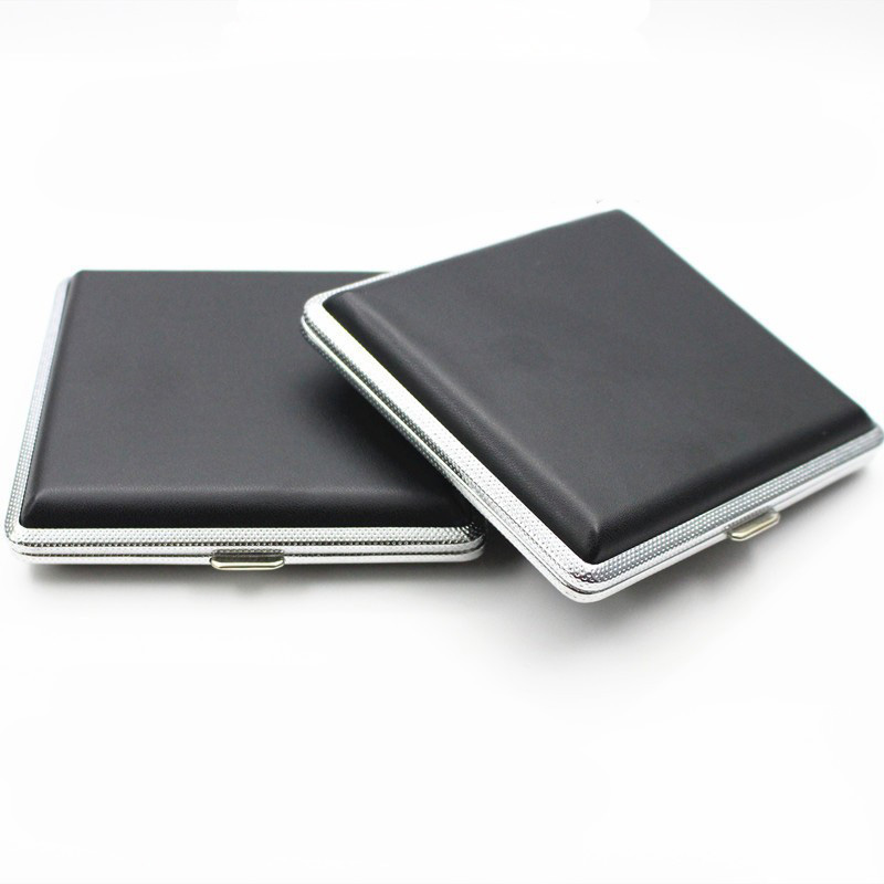 Hộp Đựng Thuốc 20 Điếu Lớn Ngắn Kẹp Kim Loại Bọc Da Đen